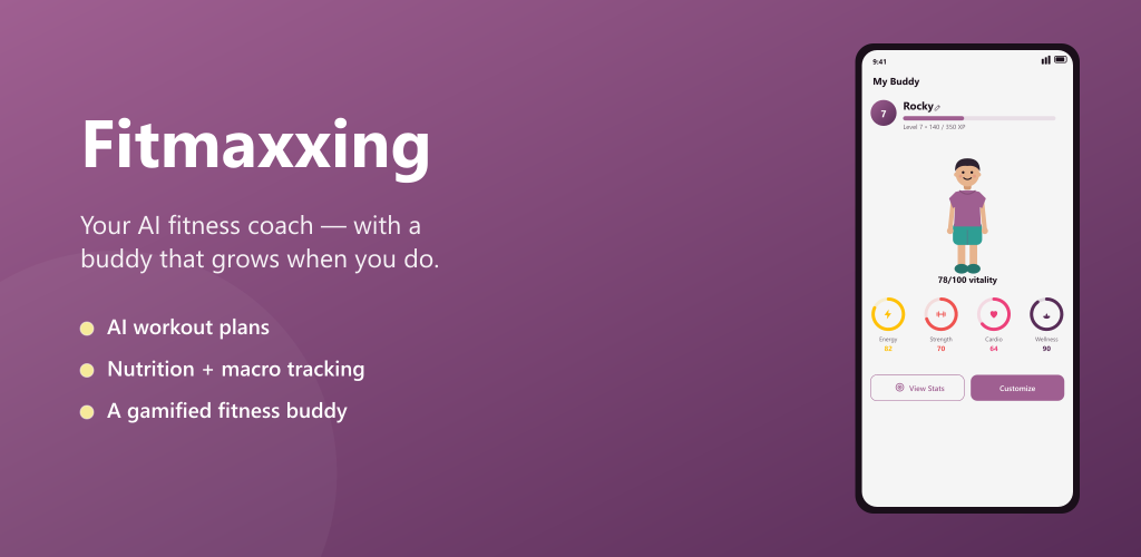 Fitmaxxing feature graphic: AI plans, tracking and a gamified fitness buddy