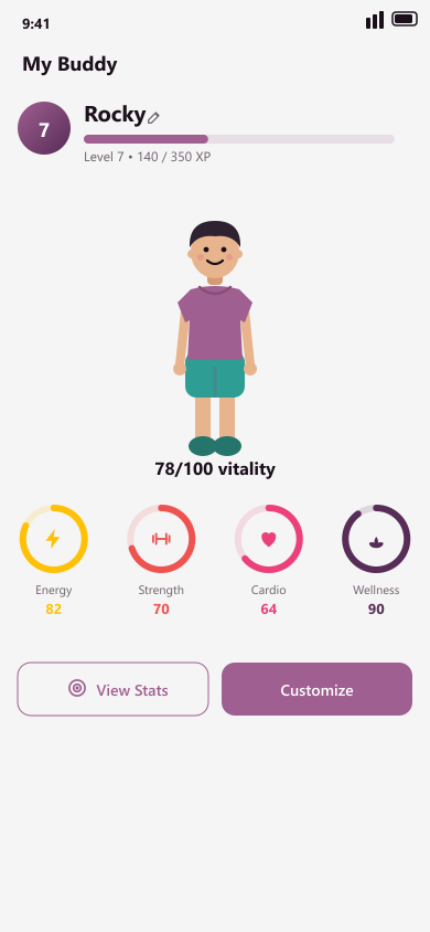The Fitmaxxing buddy screen with your avatar, a 78/100 vitality score and four vitality rings