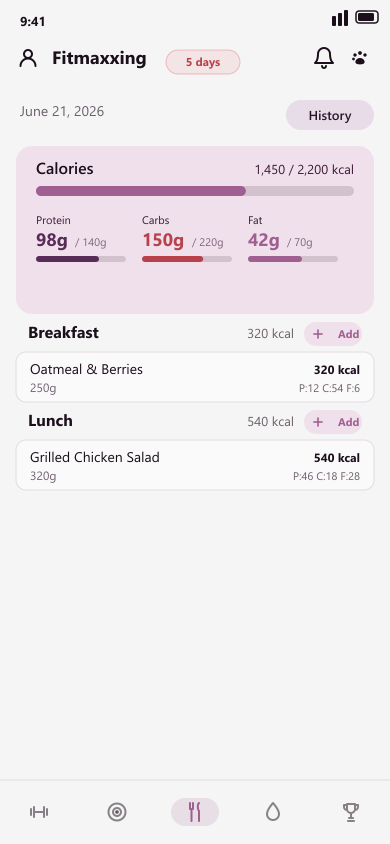 Fitmaxxing nutrition screen with a daily calorie ring, protein/carbs/fat macros and logged meals
