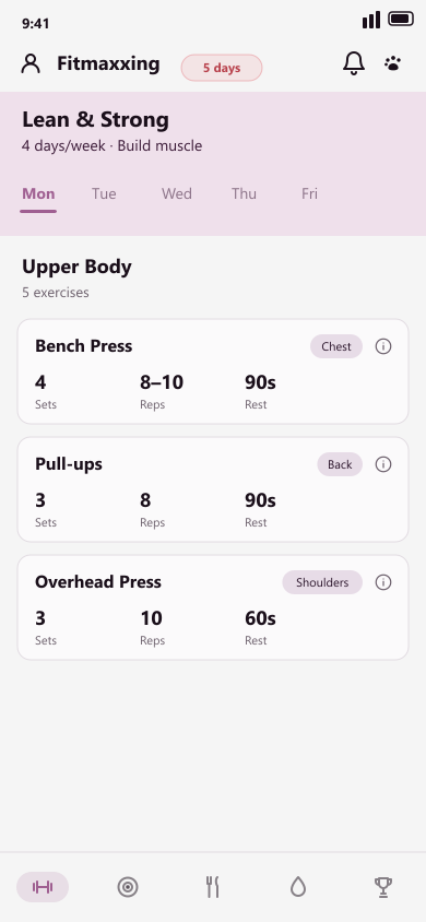 Fitmaxxing AI workout plan screen showing a weekly plan with day tabs and exercise cards